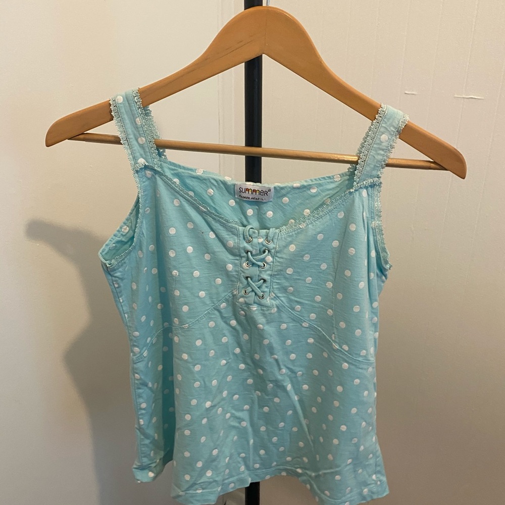 Blue and white polk a dot tank top